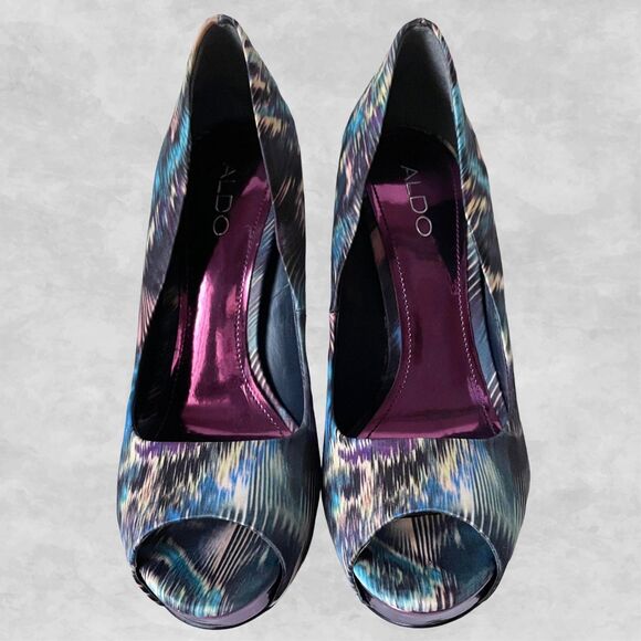 Aldo Purple/Blue Satin Peep Toe Platform Pumps Purple Metallic Heels-Size 8.5/39 - Picture 3 of 9